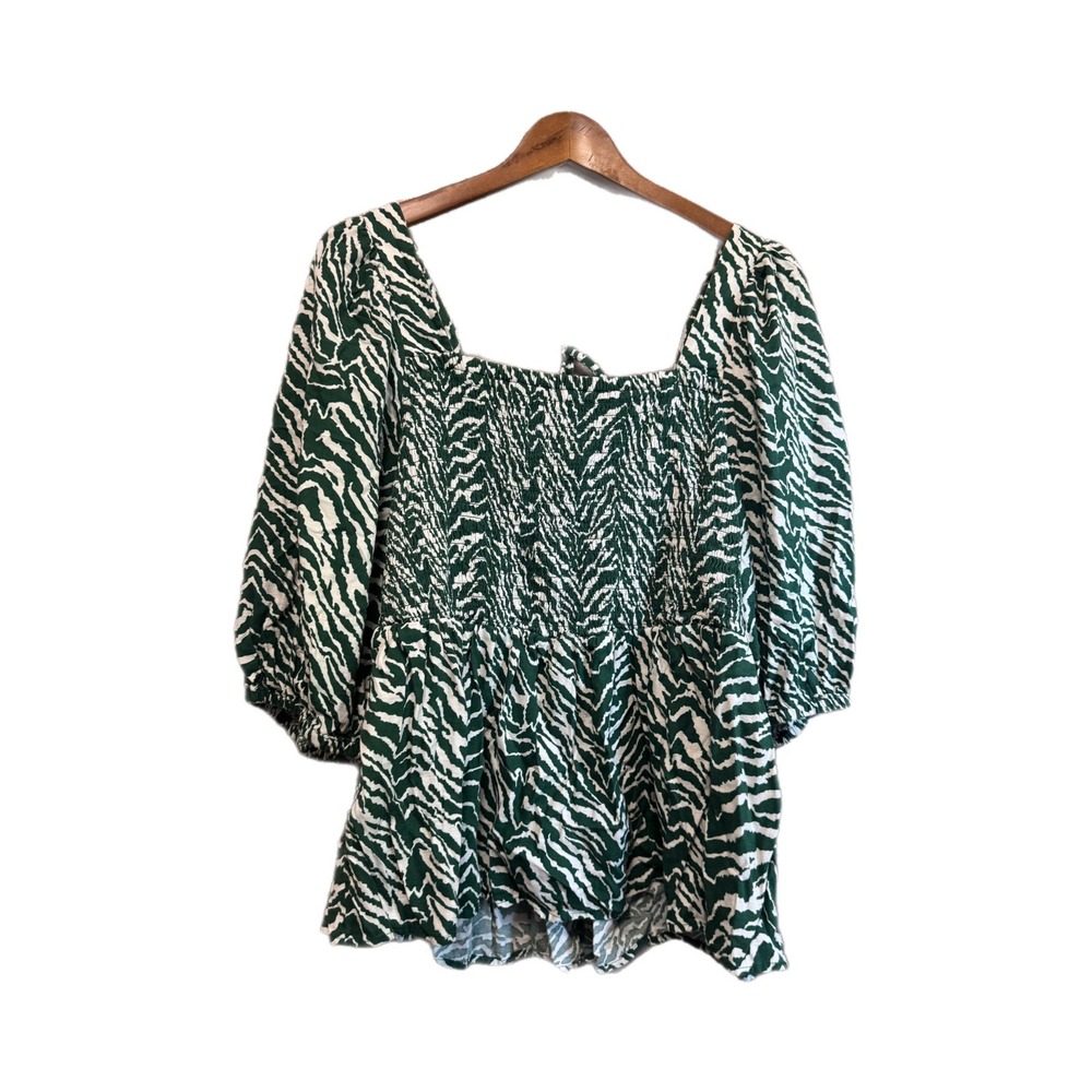 Ava & Viv Smocked Blouse Womens 2X Green Zebra Print Balloon Sleeve Excellent